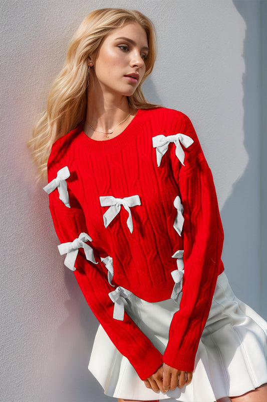 Double Take Full Size Bow Cable-Knit Round Neck Sweater - Scarlett's Riverside Boutique 