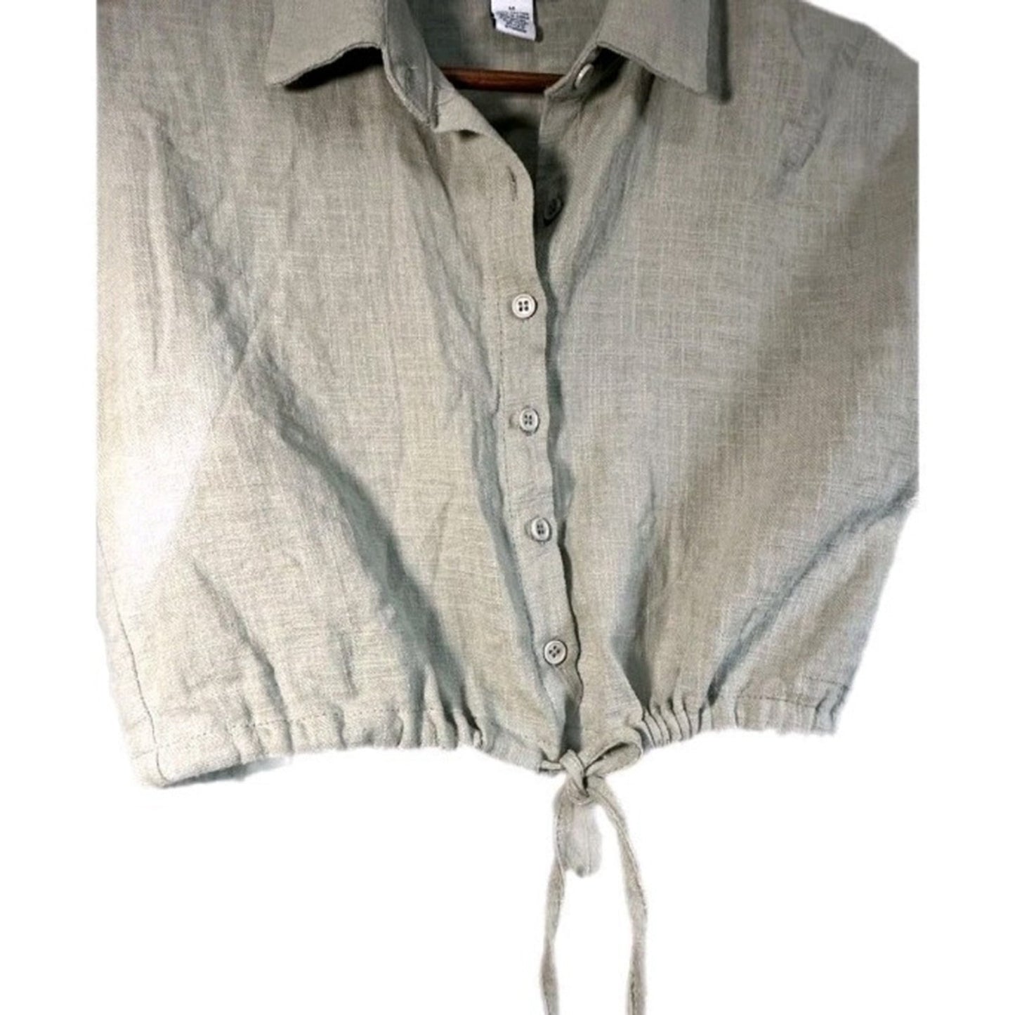 Better Together XS 100% Cotton Button Front Top Sage Green Short Sleeve Tie #G16