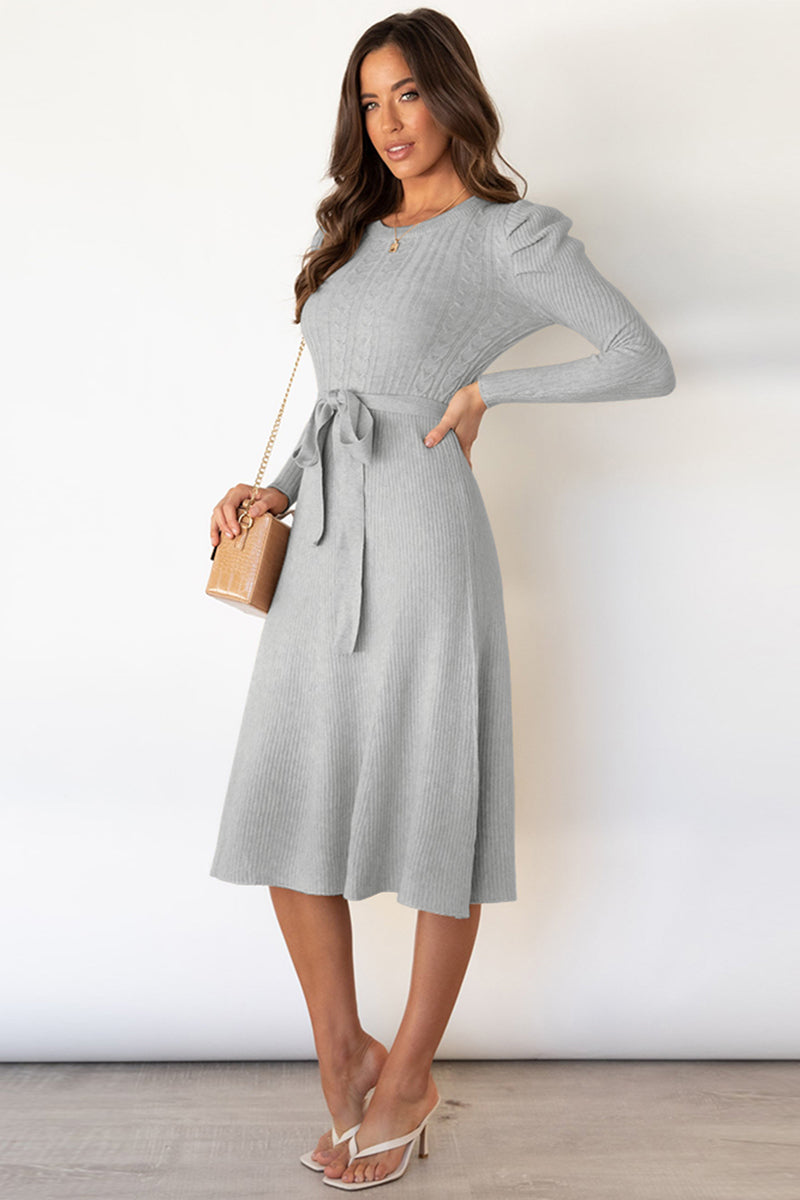 Round Neck Long Sleeve Tie Waist Sweater Dress - Scarlett's Riverside Boutique 