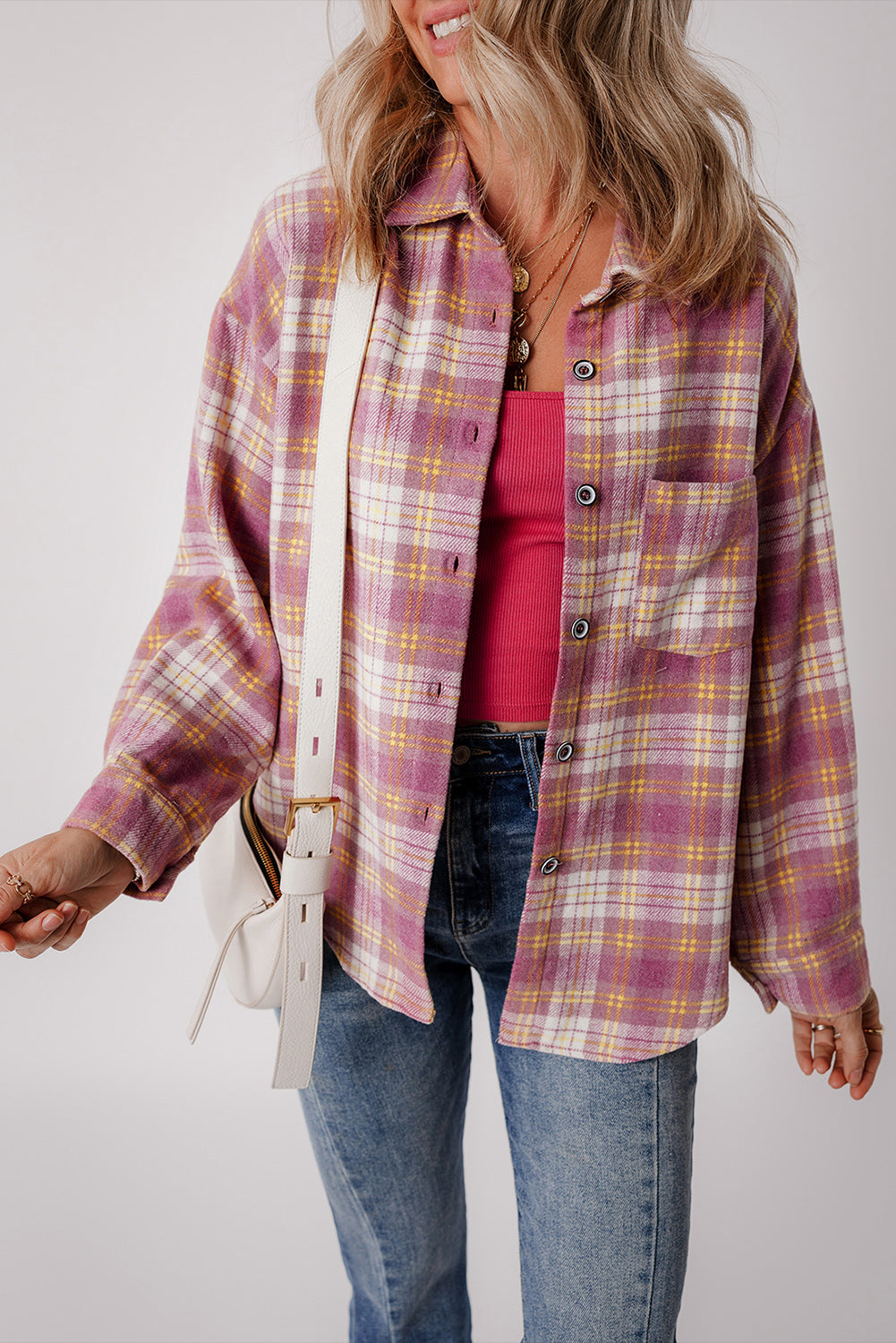 Pink Plaid Print Chest Pocket Long Sleeve Shacket - Scarlett's Riverside Boutique 