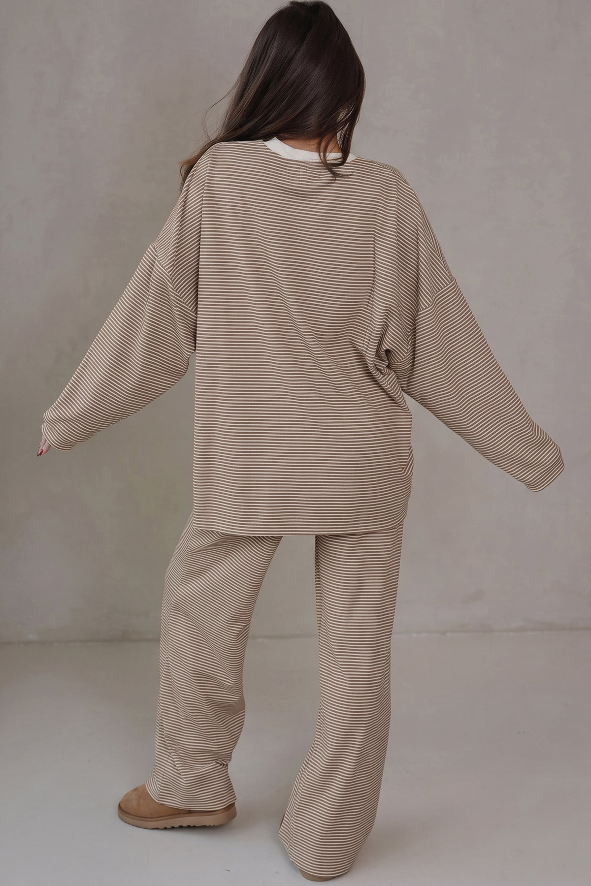 Blue Stripe Contrast Trim Round Neck Oversize Long Sleeve Top 2pcs Pant Set