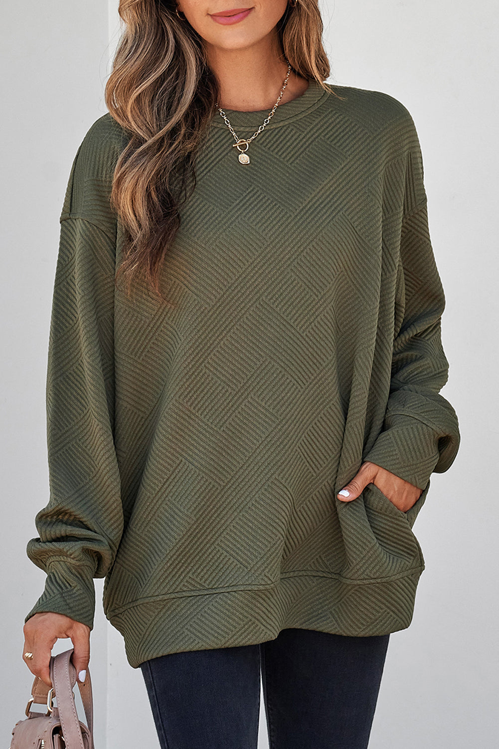 Black Solid Color Textured Round Neck Drop Shoulder Pullover Sweatshirt