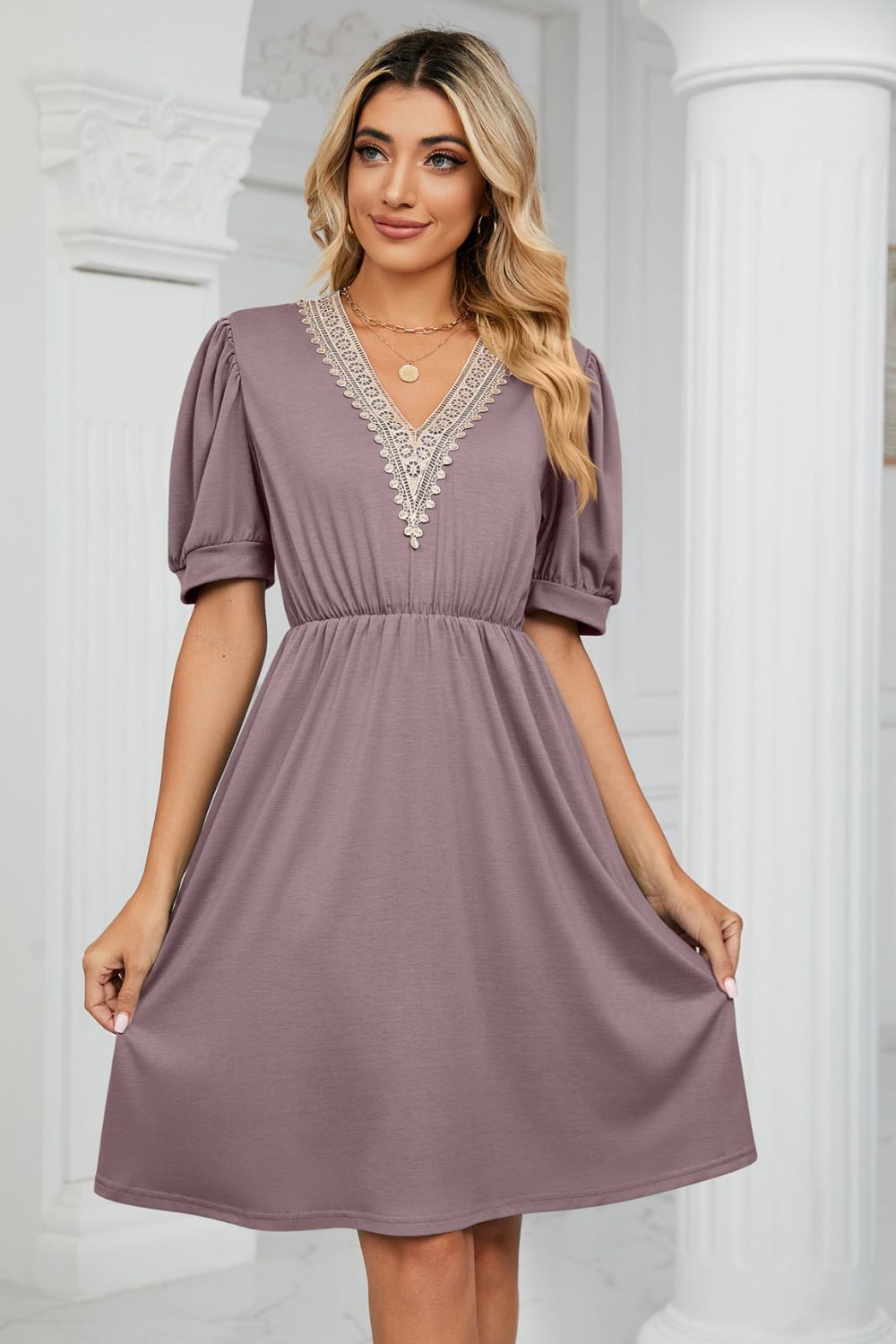 Contrast V-Neck Puff Sleeve Pocket Dress - Scarlett's Riverside Boutique 