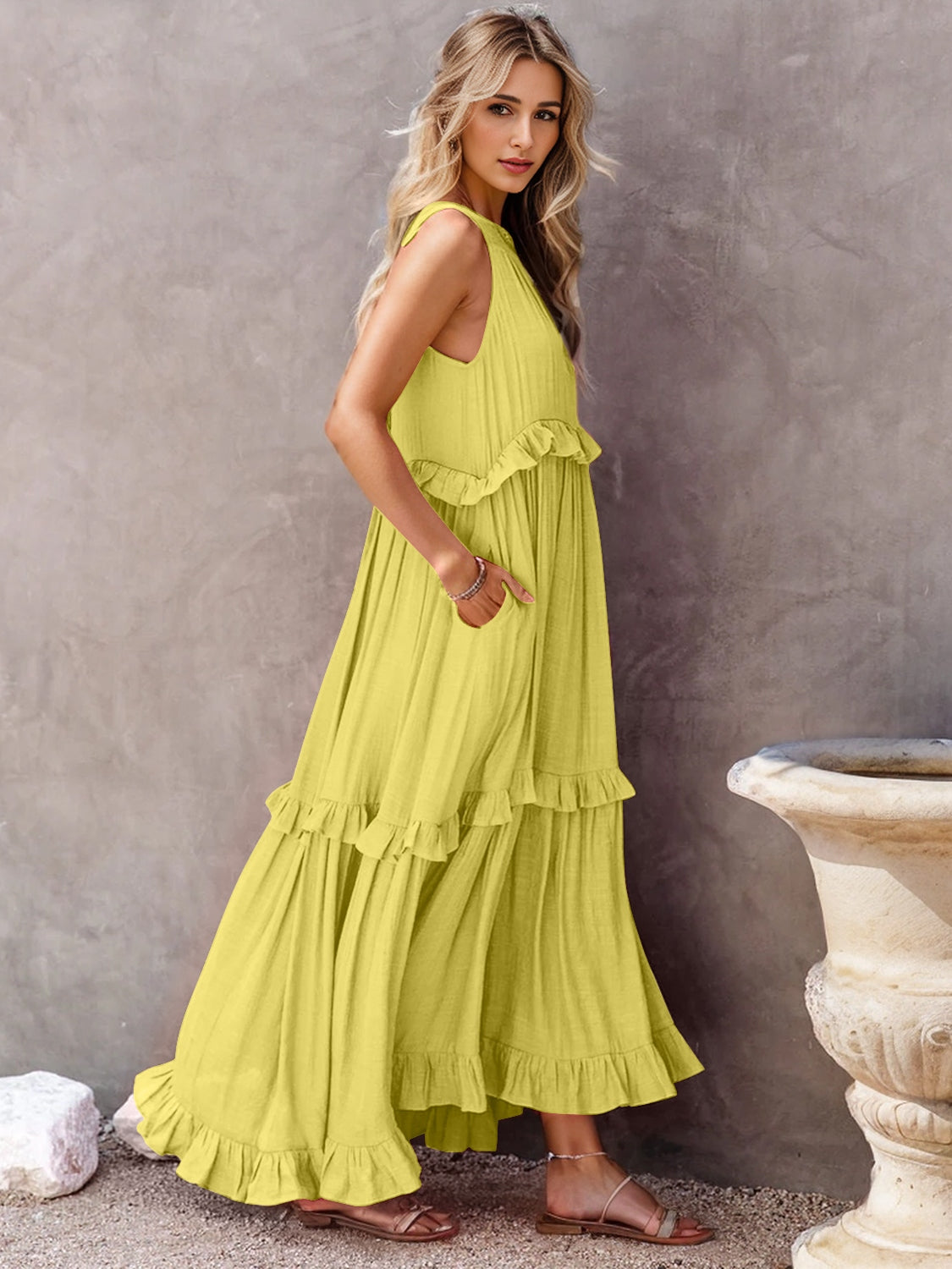 Ruffled Sleeveless Tiered Maxi Dress with Pockets - Scarlett's Riverside Boutique 