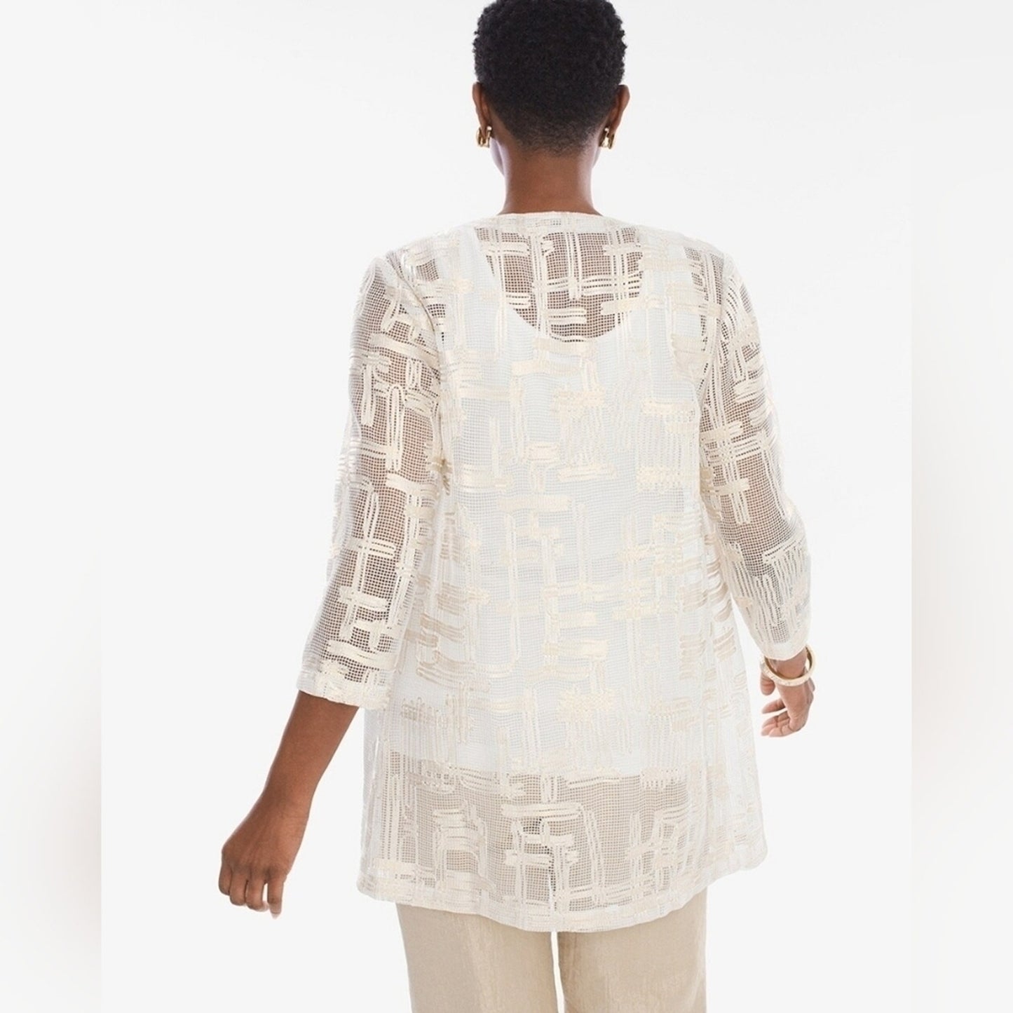 Chico’s Gold Cream Mesh Jacket Size 2 L Sheer Open Front Blazer Lightweight