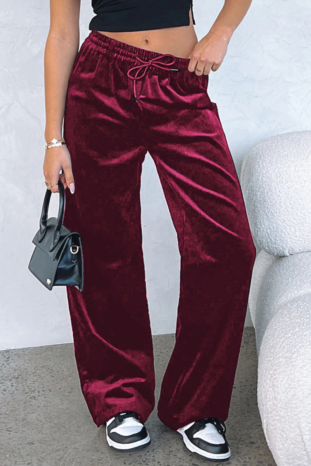 Burgundy Solid Drawstring Waist Wide Leg Pants - Scarlett's Riverside Boutique 