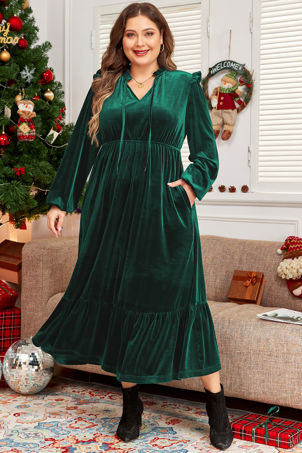 Blackish Green Velvet Frilled up Neck Ruffled High Waist Plus Size Midi Dress - Scarlett's Riverside Boutique 