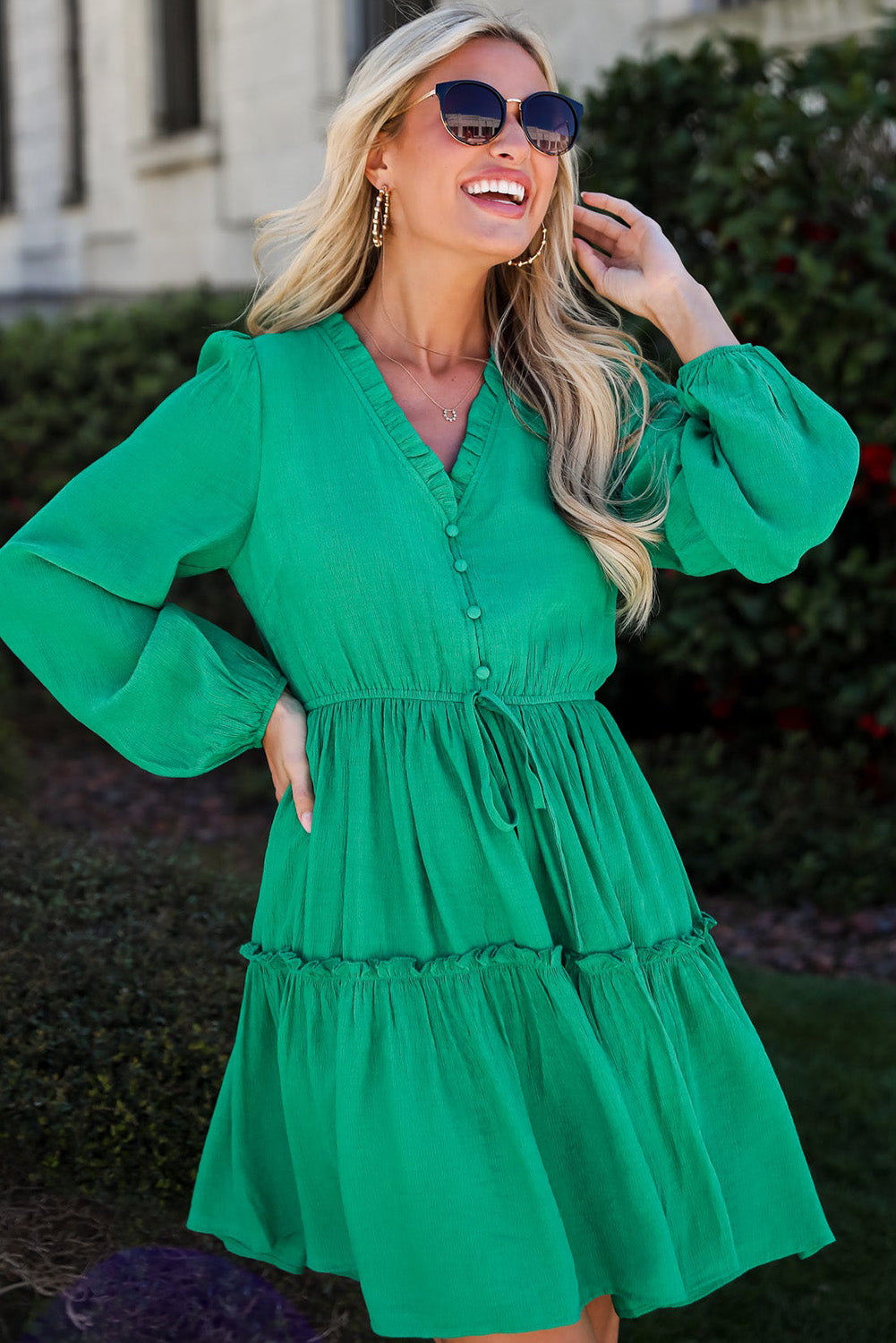 Sea Green Frilly V Neck Puff Sleeve Drawstring Shift Mini Dress - Scarlett's Riverside Boutique 