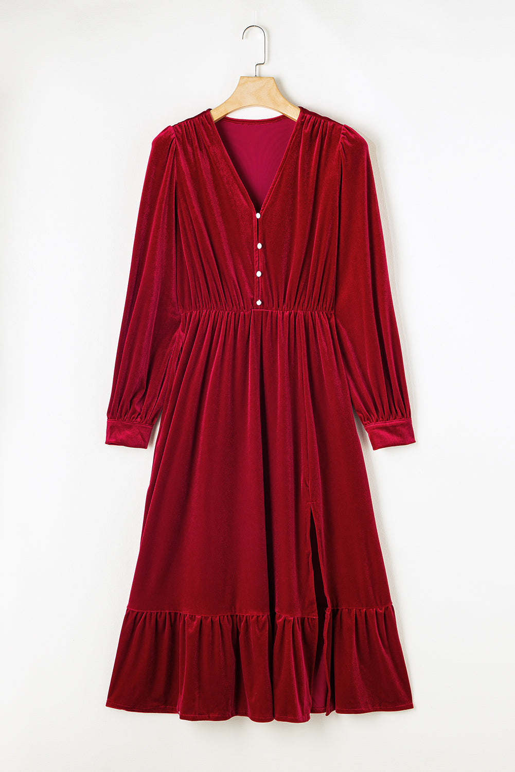 Racing Red Velvet Buttoned Puff Sleeve V Neck Split Midi Dress - Scarlett's Riverside Boutique 