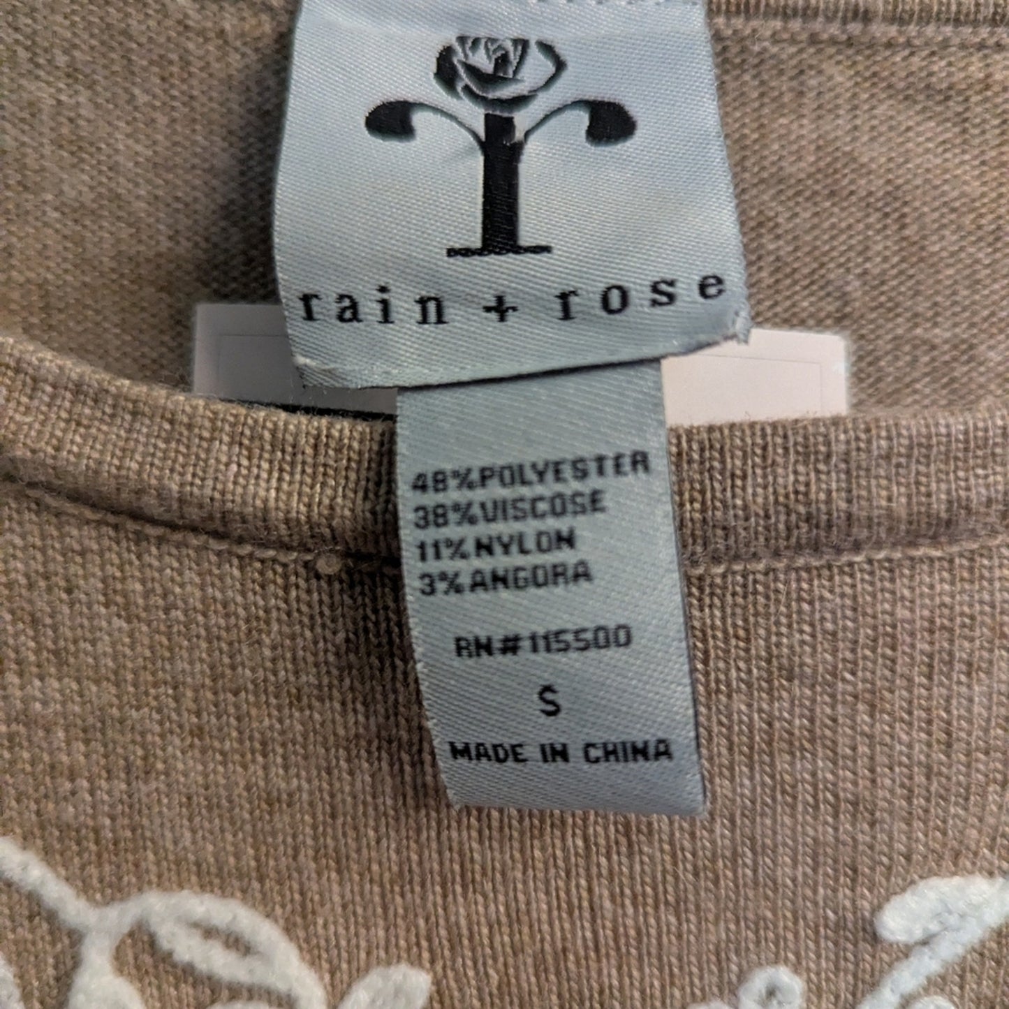 Tan Sweater with White Floral Embroidery, Size S