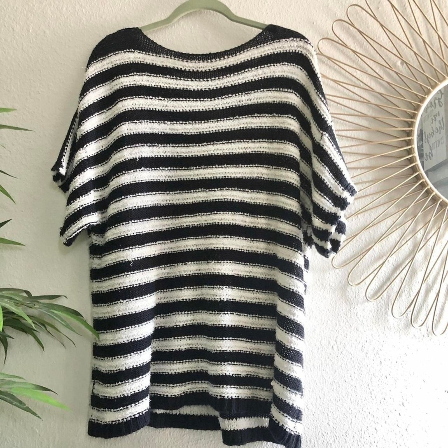 Kori America Size Large Black White Striped Knit Sweater Top Short Sleeve Lightw