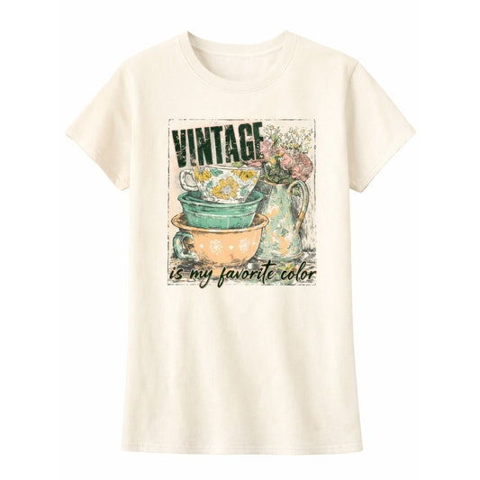 Vintage Is My Favorite Color Graphic Tee Cream Floral Teacup Cottagecore Short S