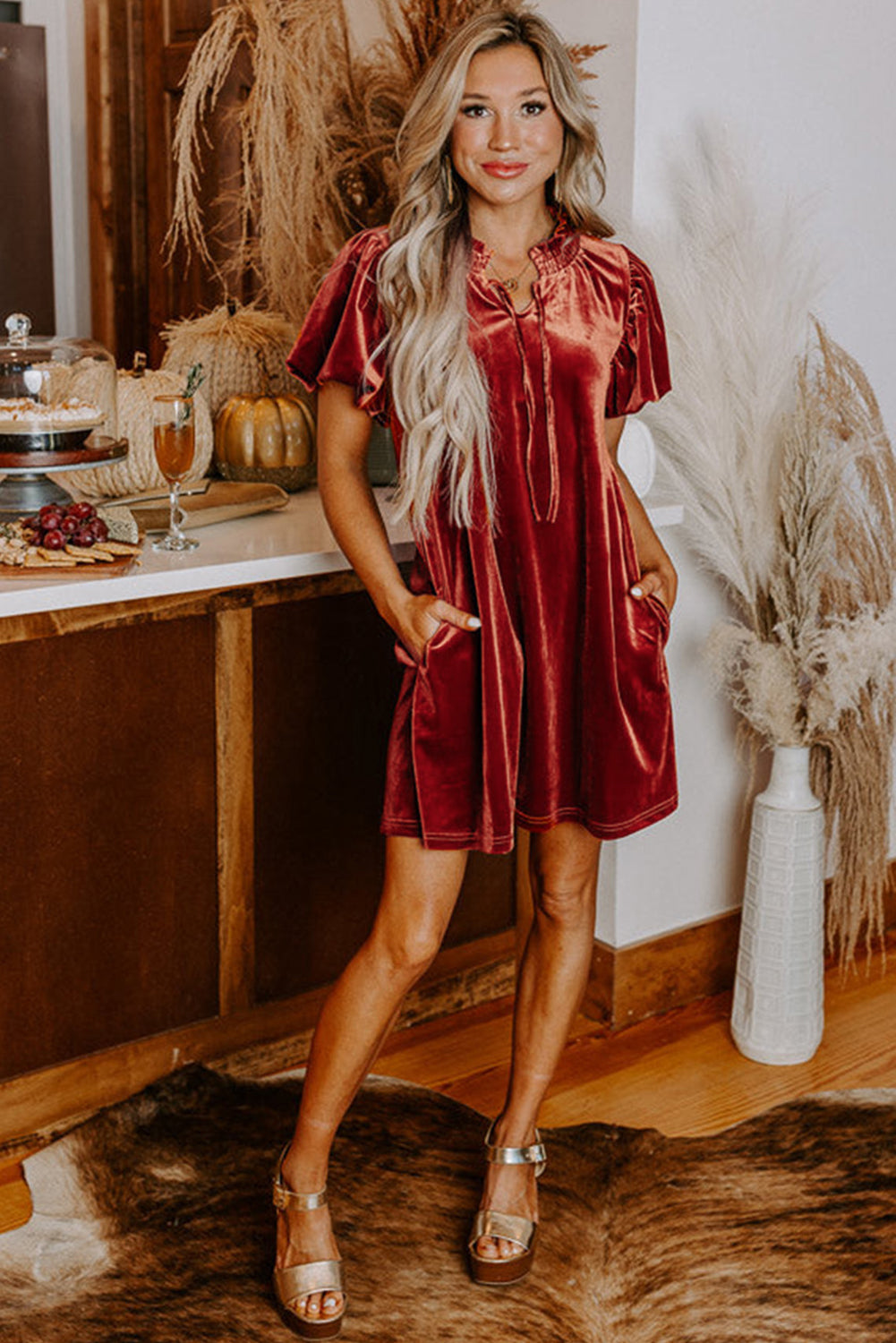 Cinnamon Velvet Smocked Neckline Puff Sleeve Shift Mini Dress - Scarlett's Riverside Boutique 