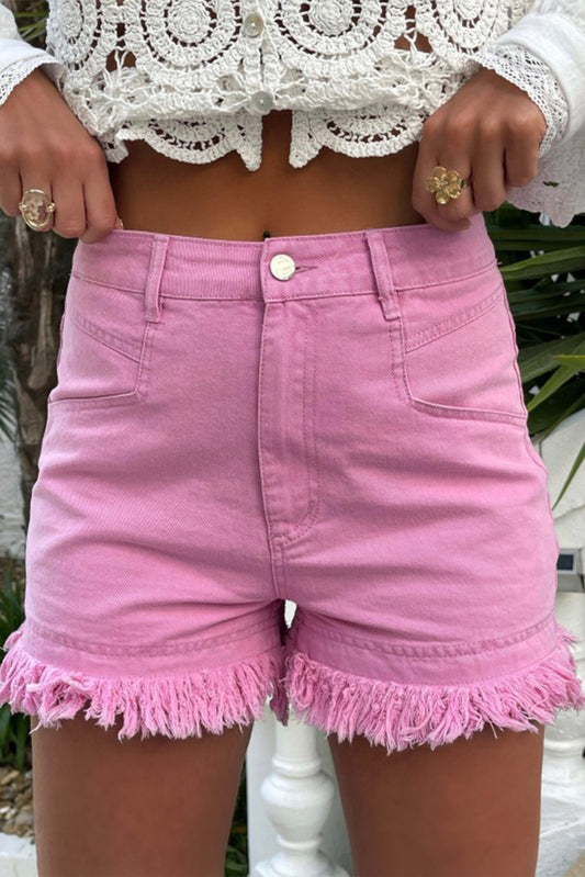 Pink Frayed Edge Mid Rise Denim Shorts - Scarlett's Riverside Boutique 