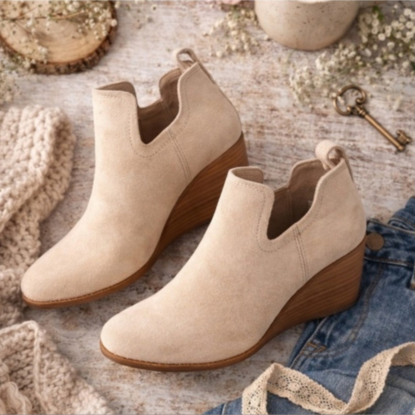 TOMS Beige Suede Wedge Ankle Booties Womens Size 7.5 Slip On Cutout Booties Neut