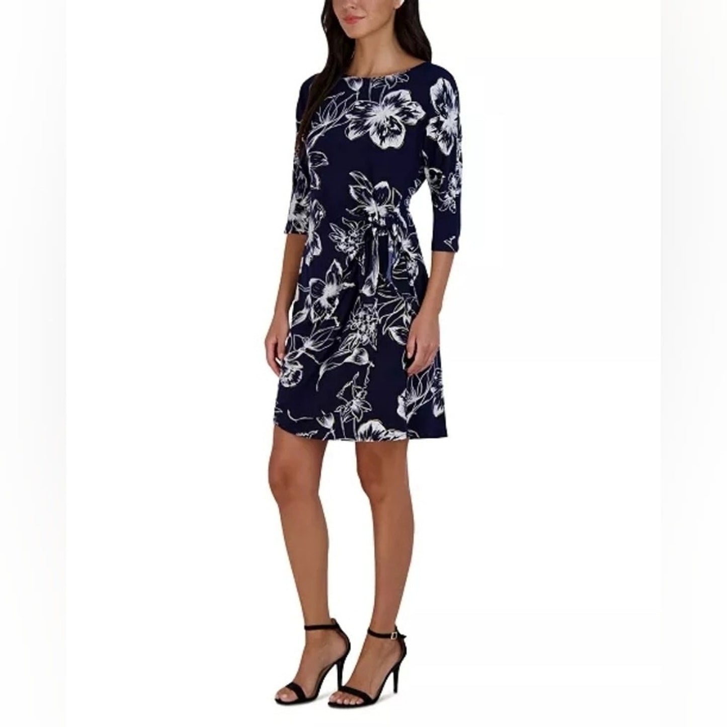 Signature by Robbie Bee Navy and White Floral Tie-Accent Shift Dress Sz PS. #G13
