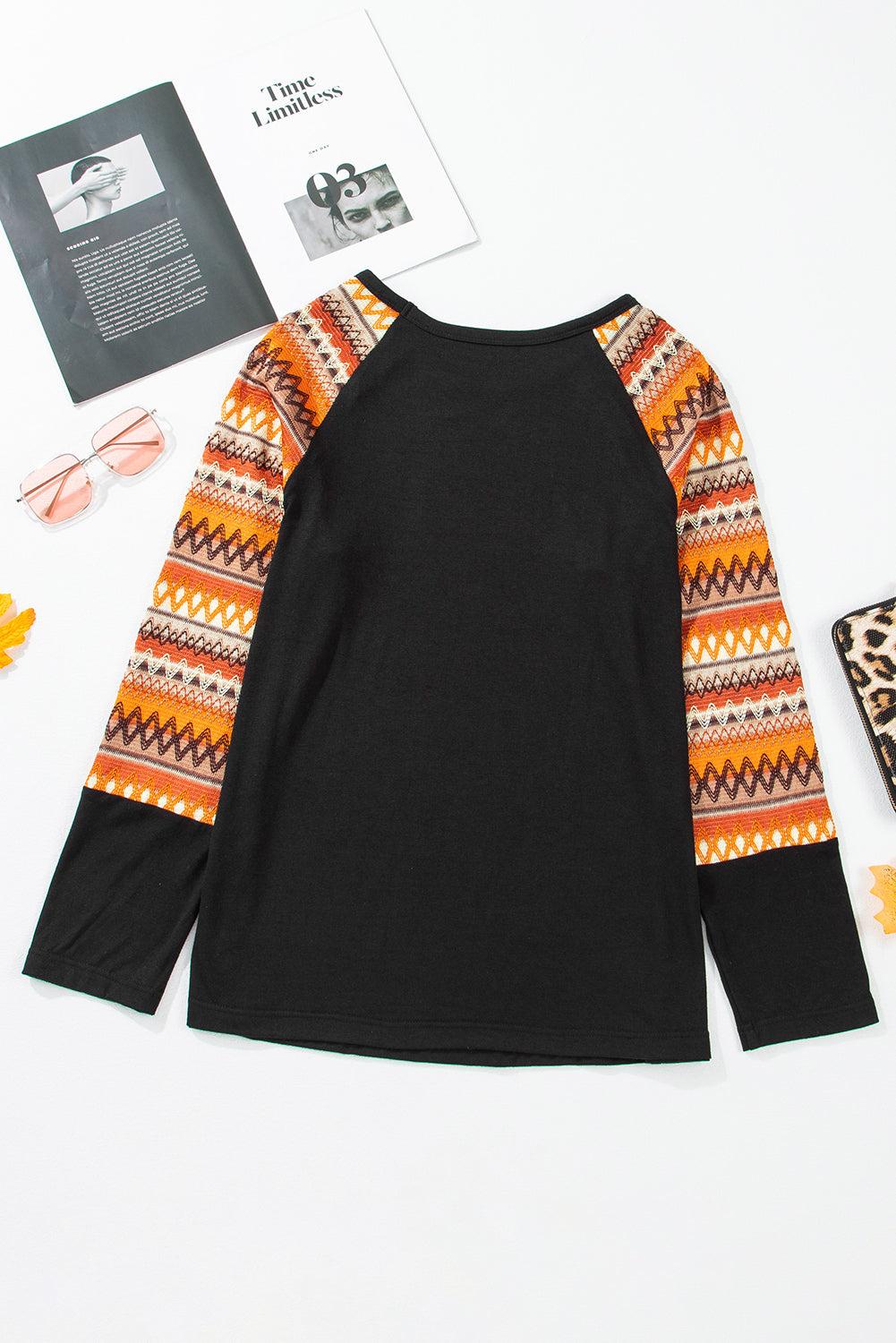 Orange Geo Print Raglan Patchwork Long Sleeve Tee - Scarlett's Riverside Boutique 