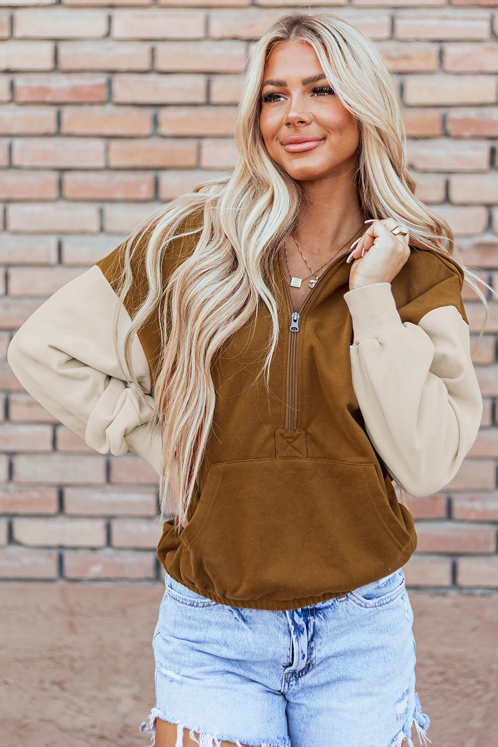 Contrast Half Zip Long Sleeve Hoodie - Scarlett's Riverside Boutique 