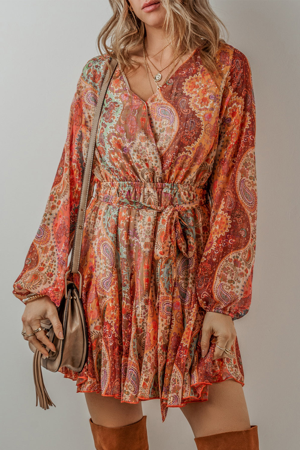 Orange Boho Paisley Print Long Sleeve Pleated Belted Mini Dress - Scarlett's Riverside Boutique 