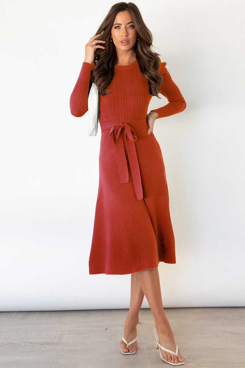 Round Neck Long Sleeve Tie Waist Sweater Dress - Scarlett's Riverside Boutique 