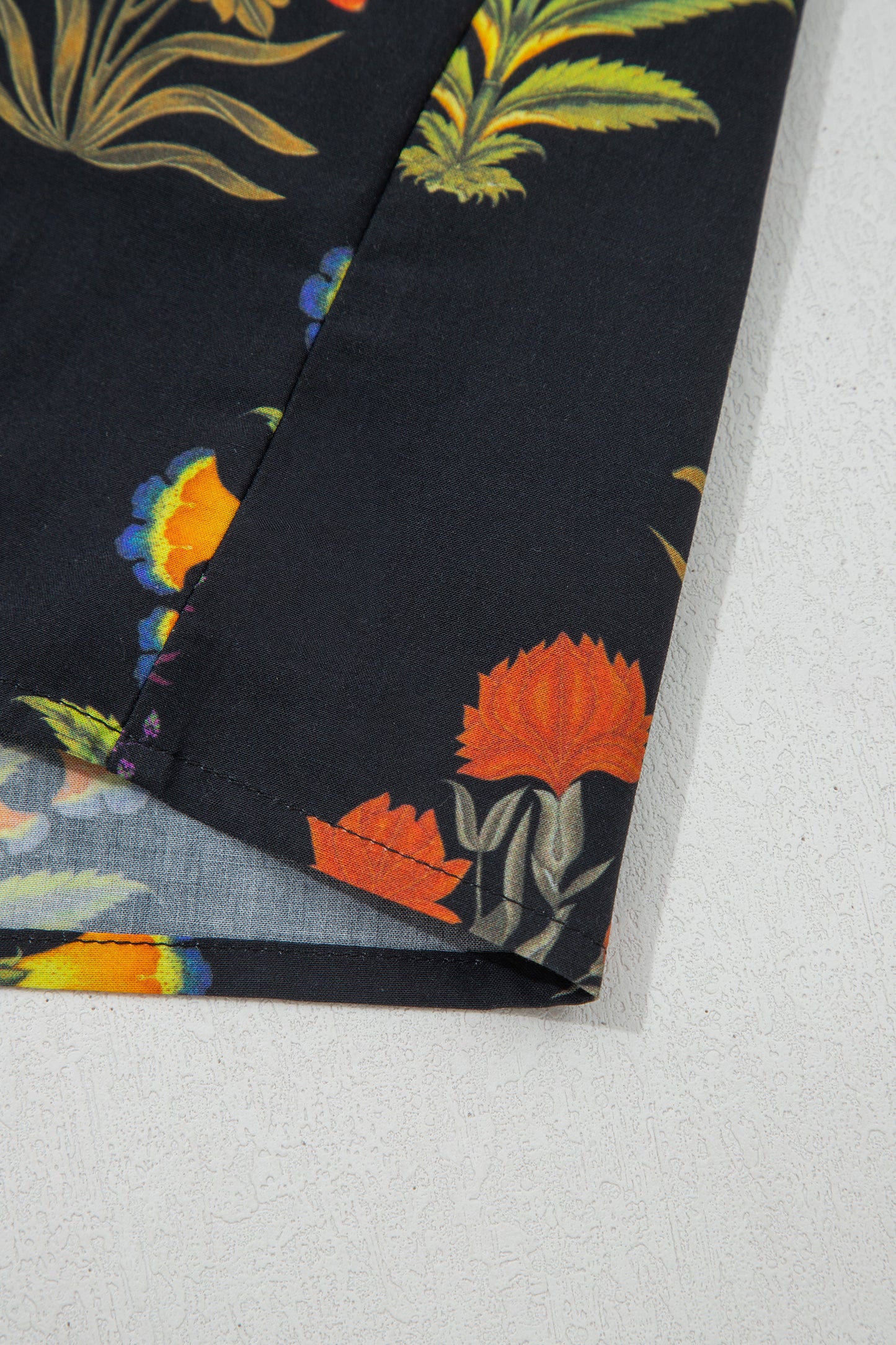 Black Floral Print Lace Trim Frilled V Neck Short Sleeve Shirt
