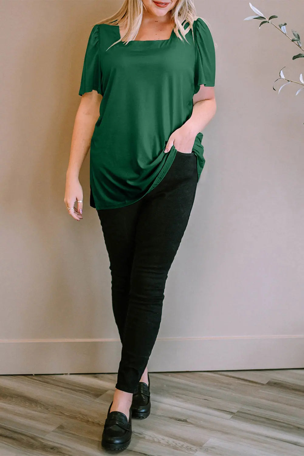 Green Plus Size Square Neck Ruched Shoulder Short Sleeve Top - Scarlett's Riverside Boutique 