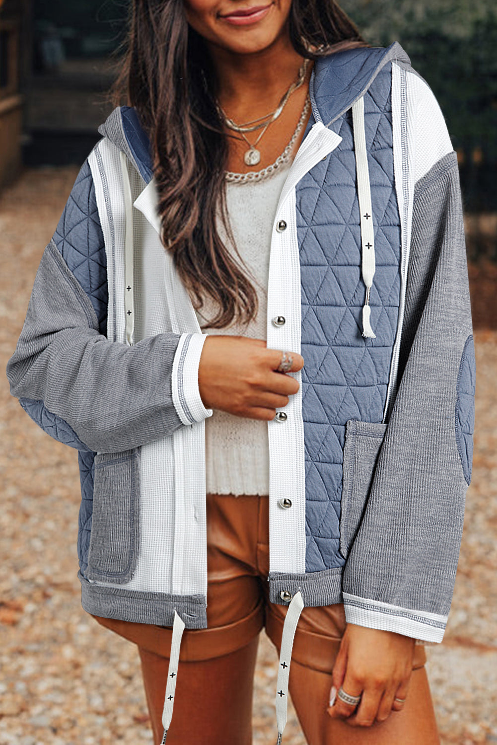 Light Blue Quilted Textured Patchwork Loose Fit Hooded Jacket - Scarlett's Riverside Boutique 