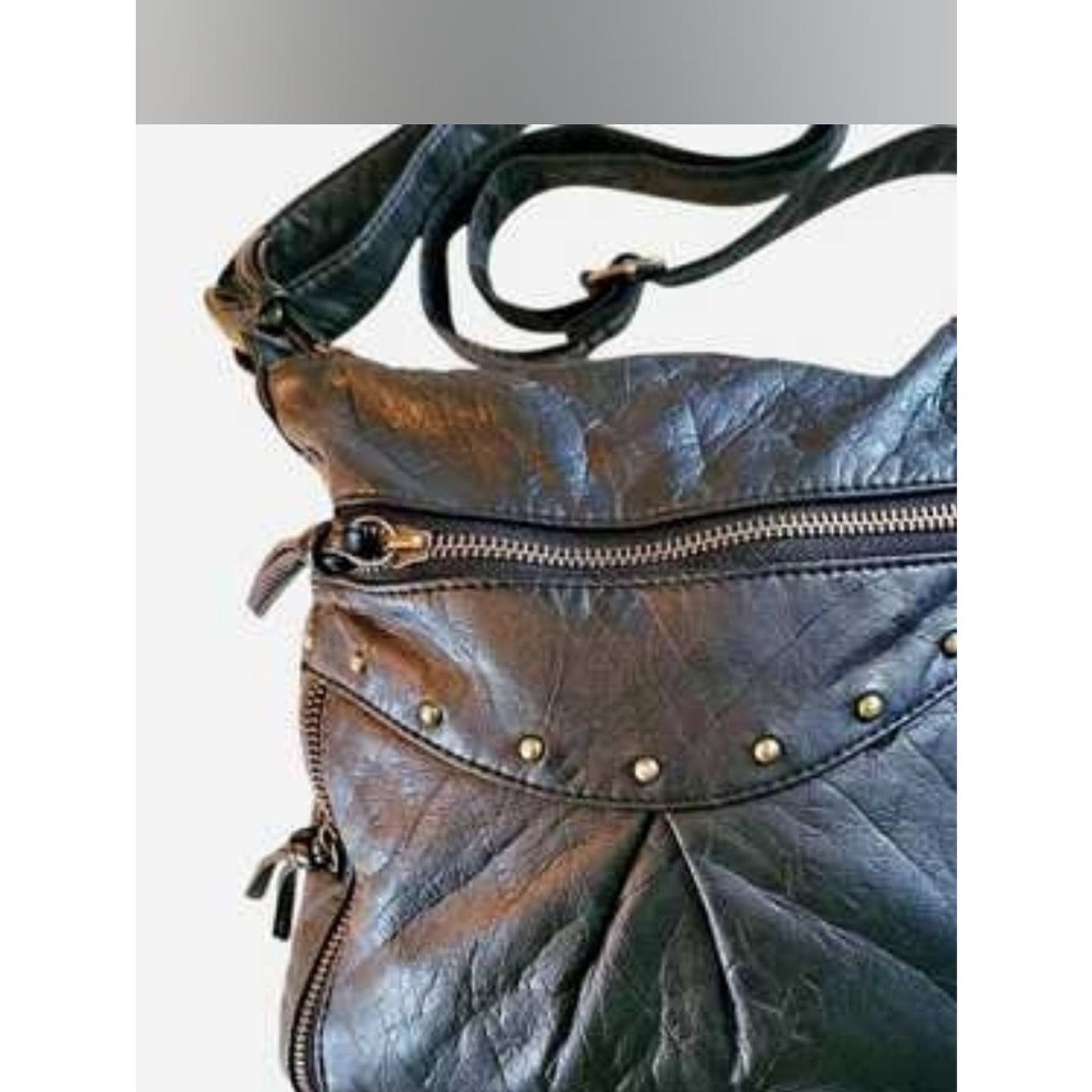 Vintage 80s Bueno Black Leather Crossbody Bag Studded Zip Pocket Boho Slouch Pur