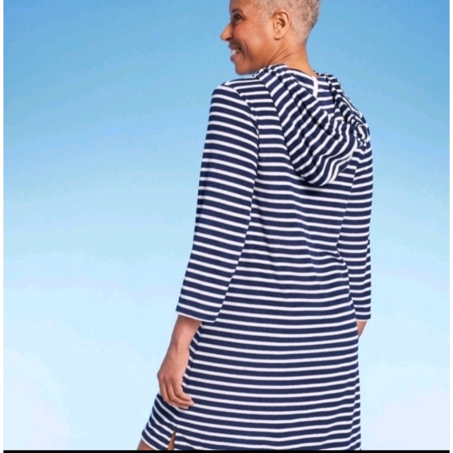 NWT-Lands' End Women's Striped V-Neck Terry Hooded Swimsuit Cover Up sz. S #G40