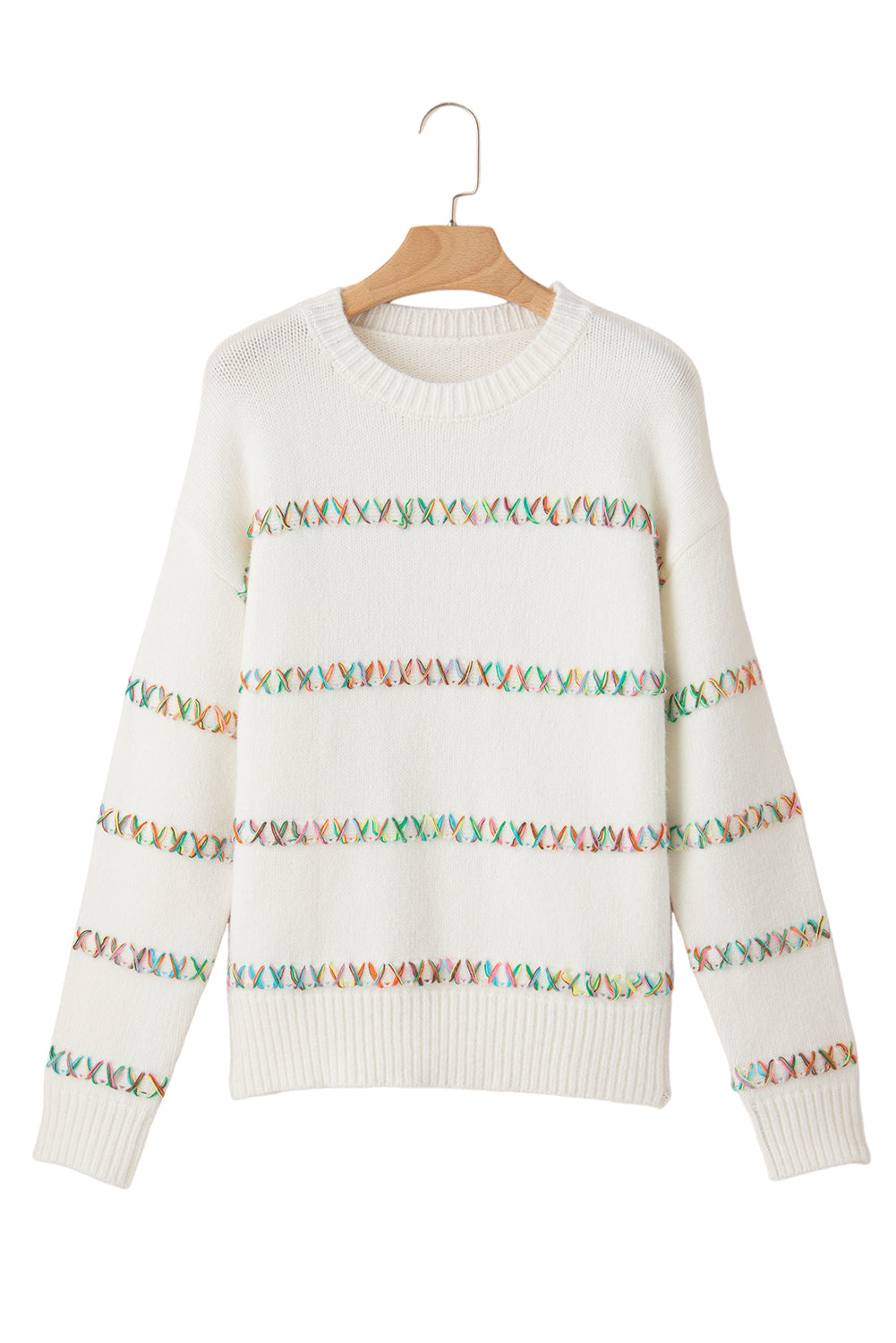 White Colorful Crossed Stitch Drop Shoulder Sweater - Scarlett's Riverside Boutique 