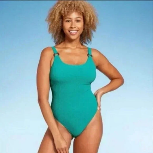 Shade & Shore Women's Square Neck Pucker High Leg Swimsuit. Sz 8 & 16. #C2
