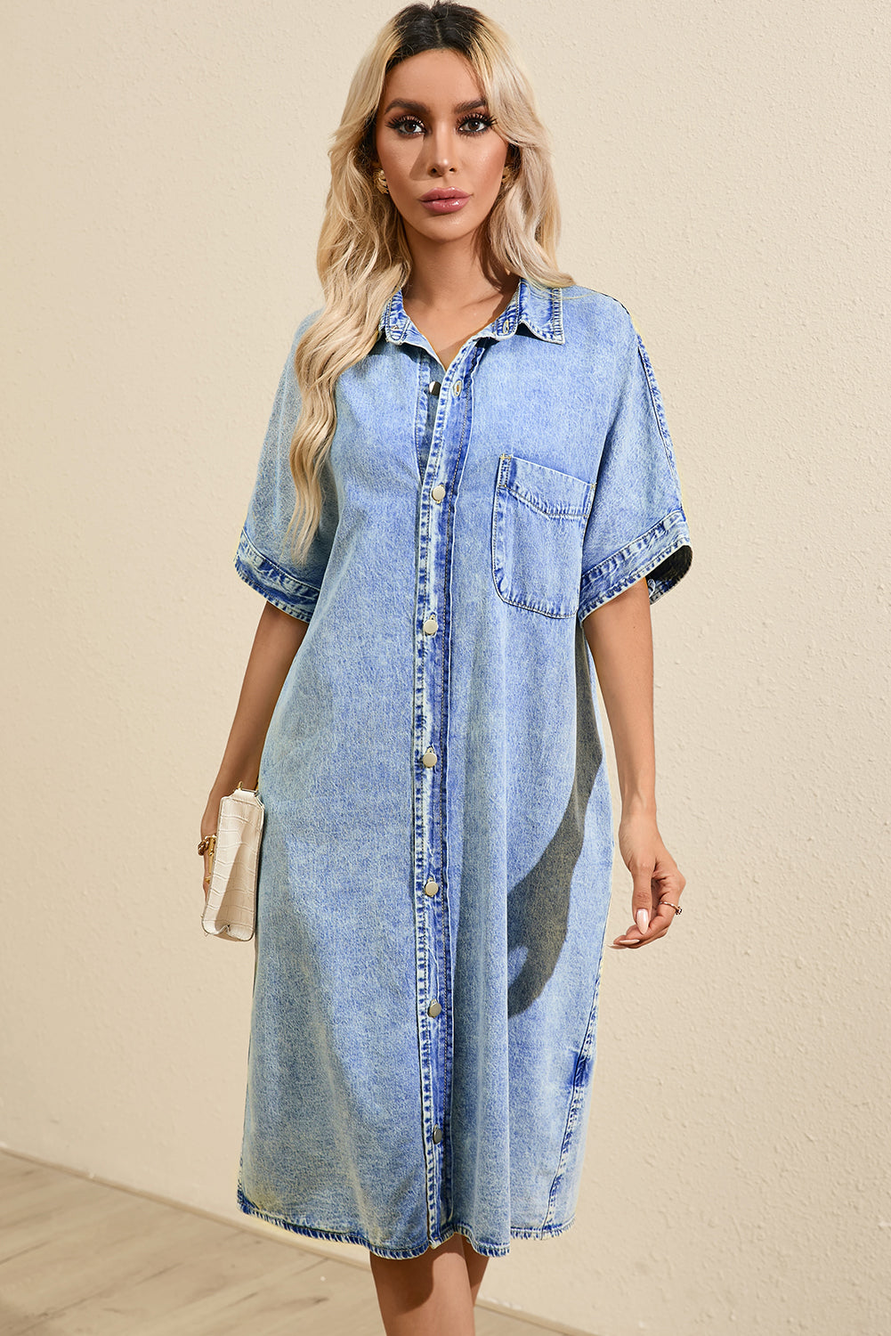 Light Blue Loose Medium Wash Short Sleeve Shirt Chambray Dress - Scarlett's Riverside Boutique 