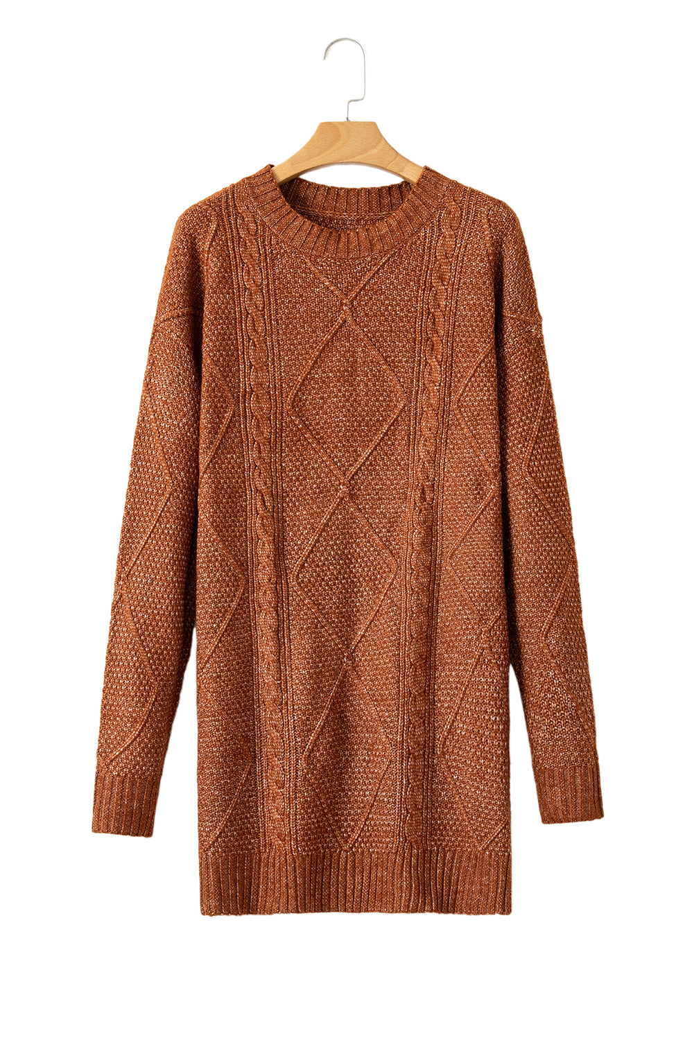 Coffee Cable Knit Drop Shoulder Loose Fit Sweater Dress - Scarlett's Riverside Boutique 