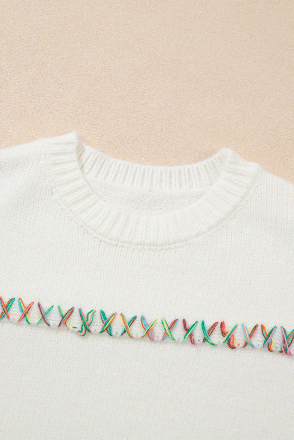 White Colorful Crossed Stitch Drop Shoulder Sweater - Scarlett's Riverside Boutique 