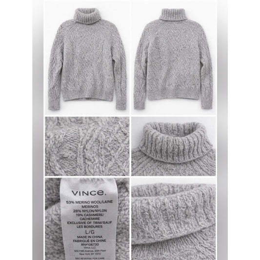 Vince Cable Knit Turtleneck Sweater Large Gray Merino Wool Cashmere Blend Pullov