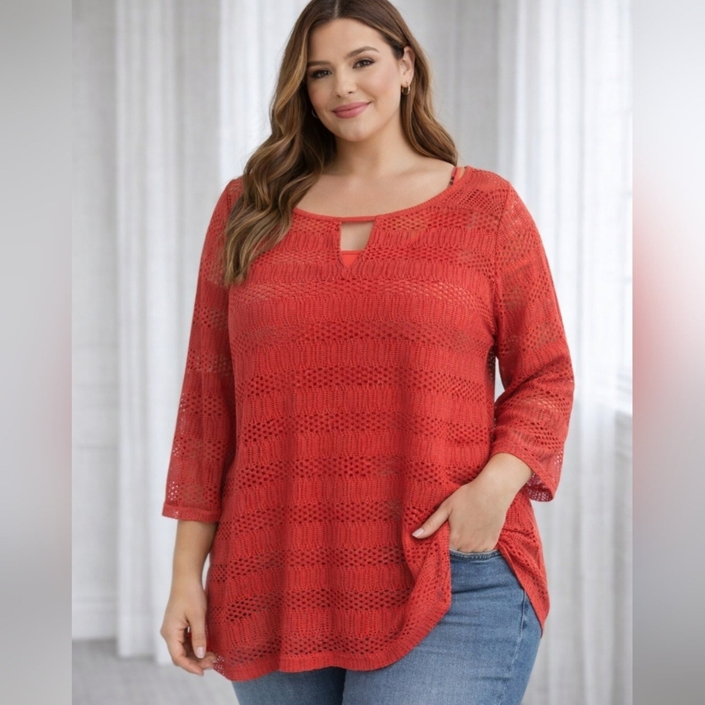 Dana Buchman Crochet Tunic Sz L, Coral 3/4 Sleeve With Cami Beach
