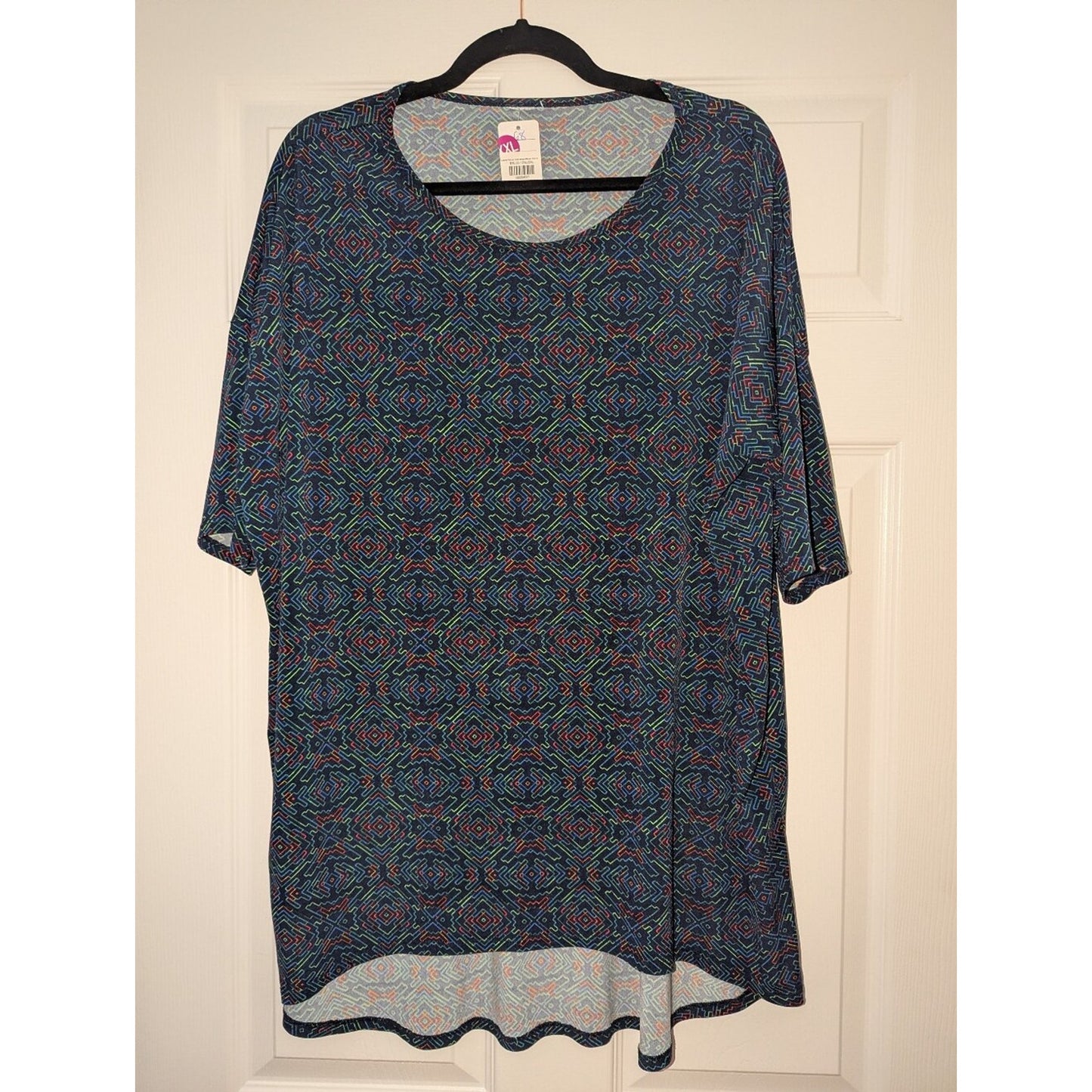 LuLaRoe Irma Tunic Top Womens L Navy Geometric Print High Low Hem Stretch OS L