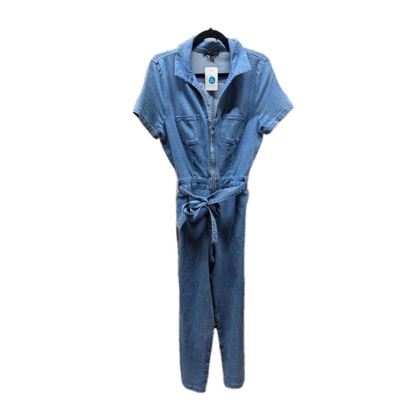 NWT Haute Monde Zip Up Front Denim Short Sleeves Bodycon Jumpsuit Size XL