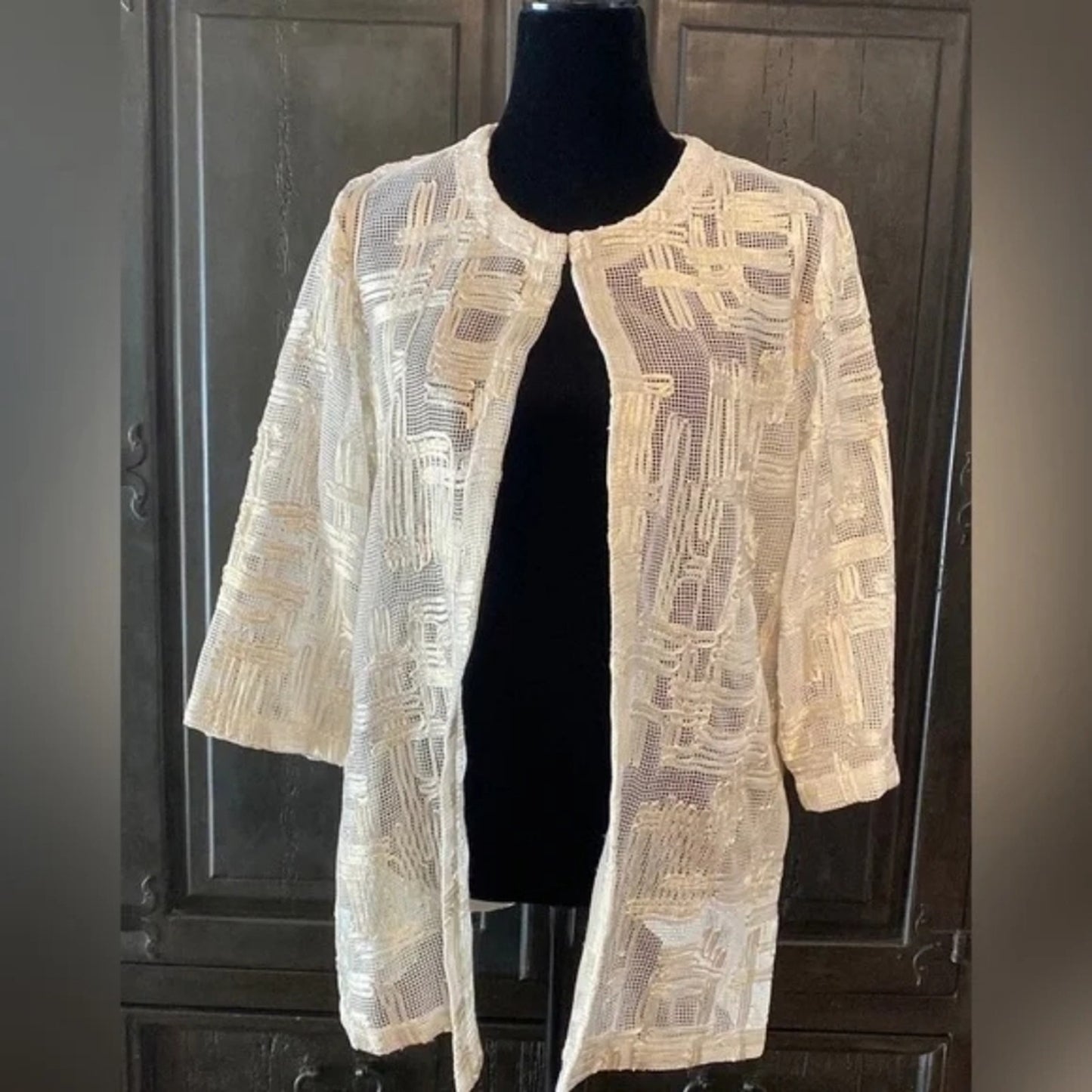 Chico’s Gold Cream Mesh Jacket Size 2 L Sheer Open Front Blazer Lightweight