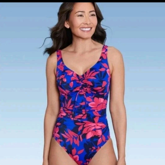 Aqua Green Women's Cinch-Front One Piece Swimsuit Pink & Blue Floral Sz S. #B39