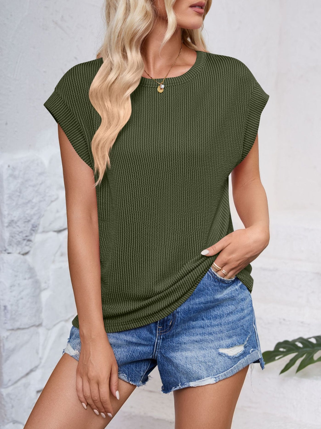 Textured Round Neck Cap Sleeve Blouse - Scarlett's Riverside Boutique 