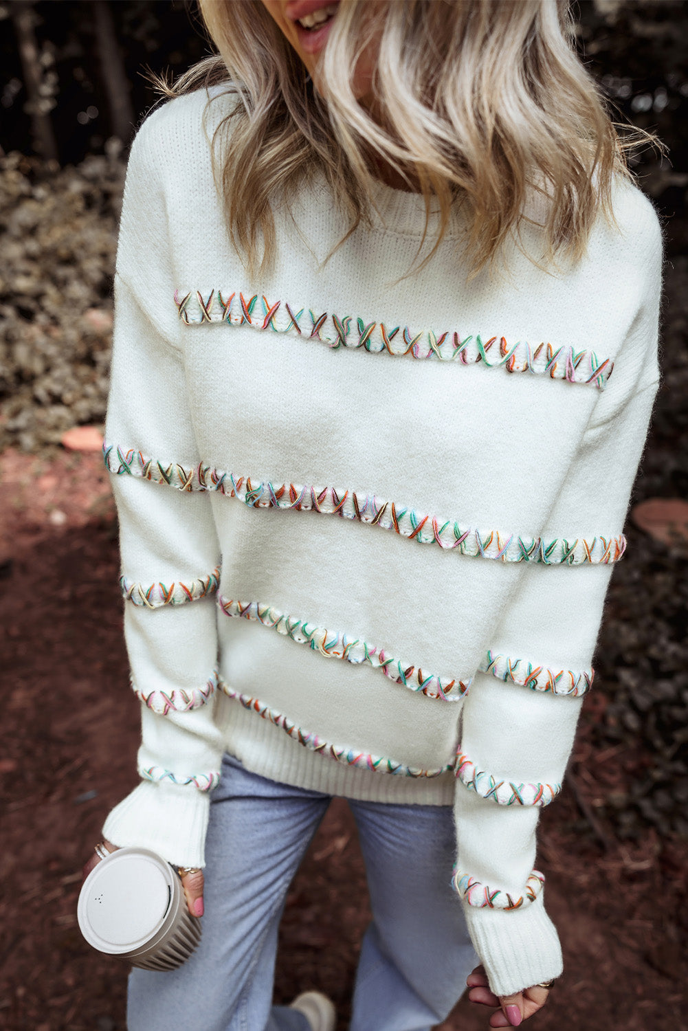 White Colorful Crossed Stitch Drop Shoulder Sweater - Scarlett's Riverside Boutique 