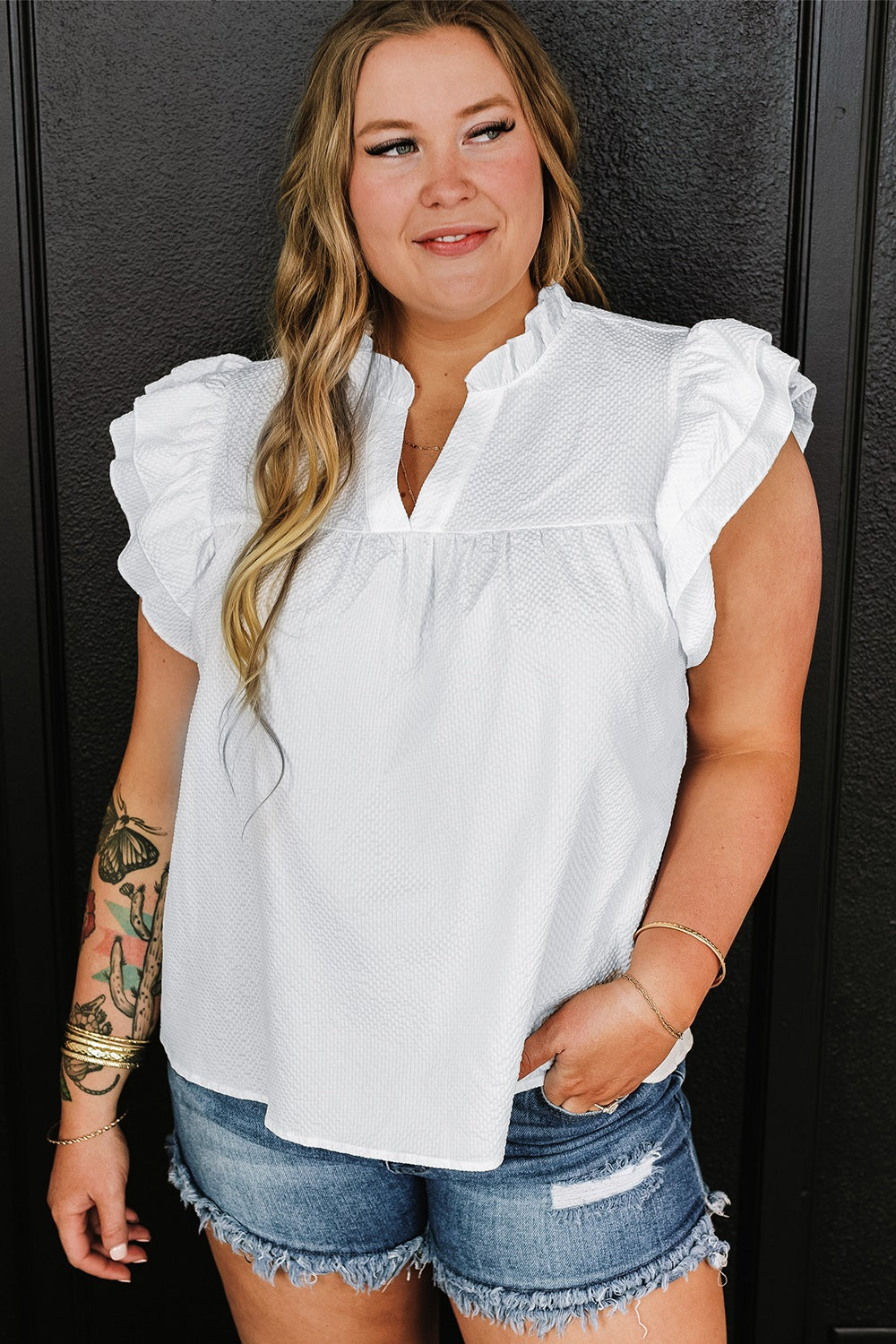 Plus Size Ruffled Notched Cap Sleeve Blouse - Scarlett's Riverside Boutique 