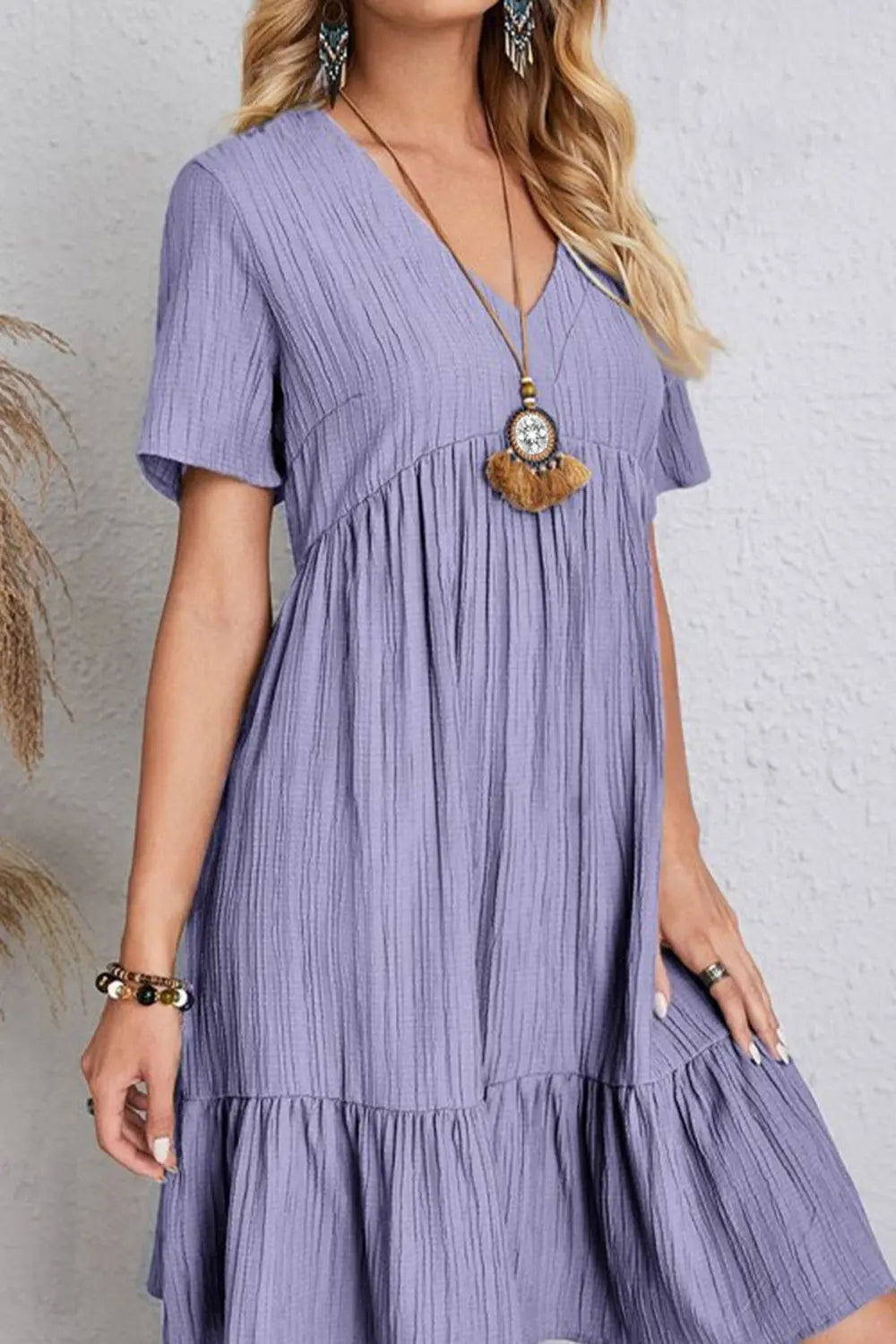 Full Size Ruched V-Neck Short Sleeve Dress - Scarlett's Riverside Boutique 