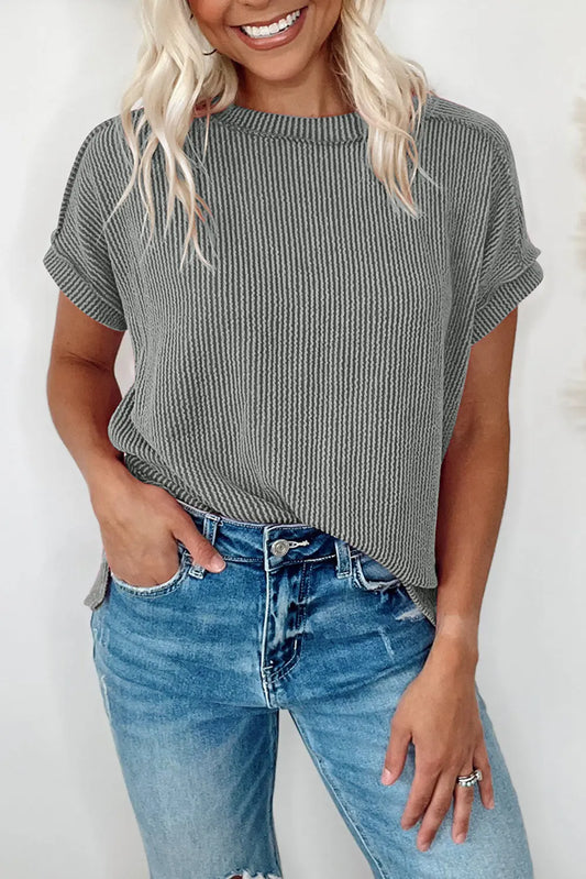 Medium Grey Textured Knit Exposed Stitching T-shirt - Scarlett's Riverside Boutique 