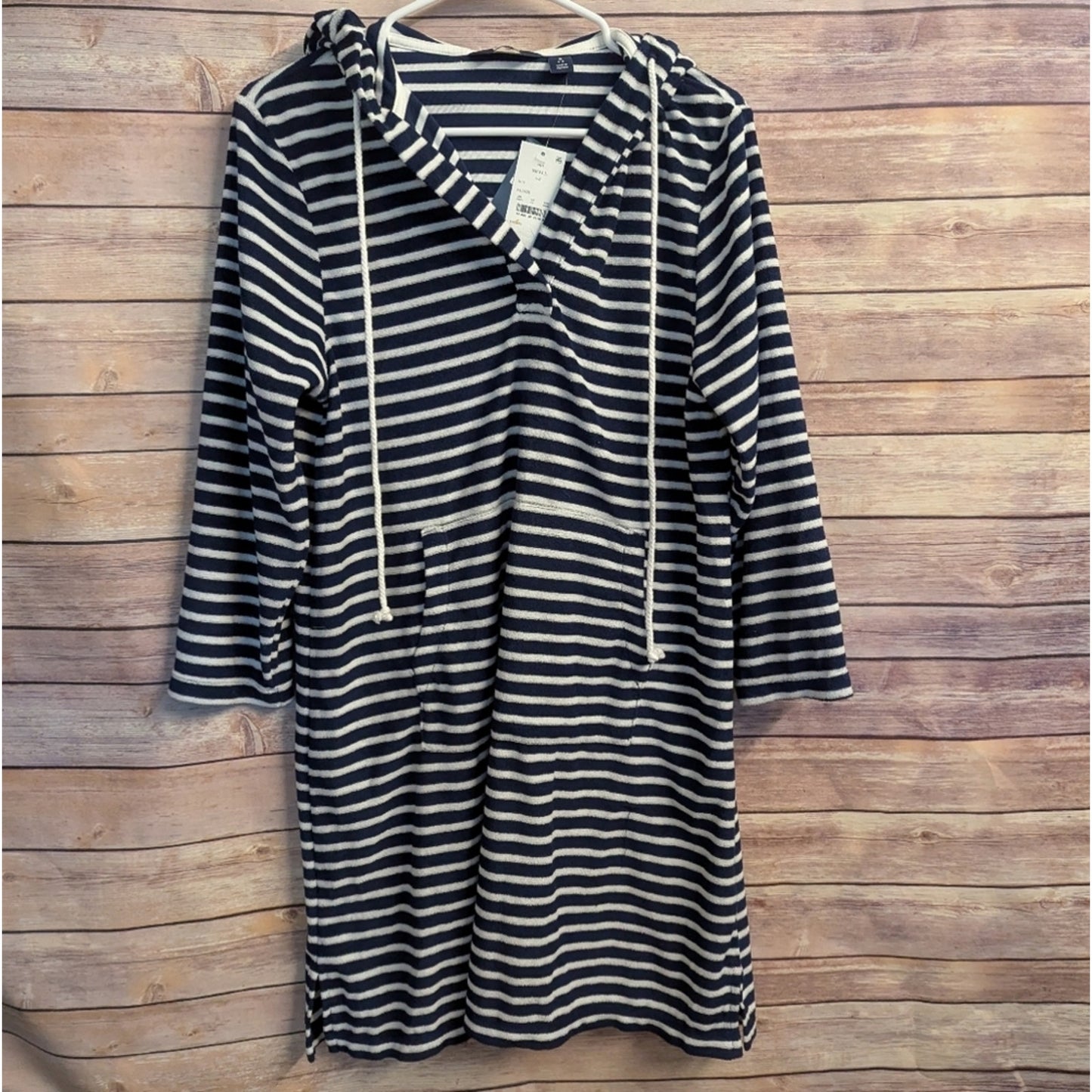 NWT-Lands' End Women's Striped V-Neck Terry Hooded Swimsuit Cover Up sz. S #G40