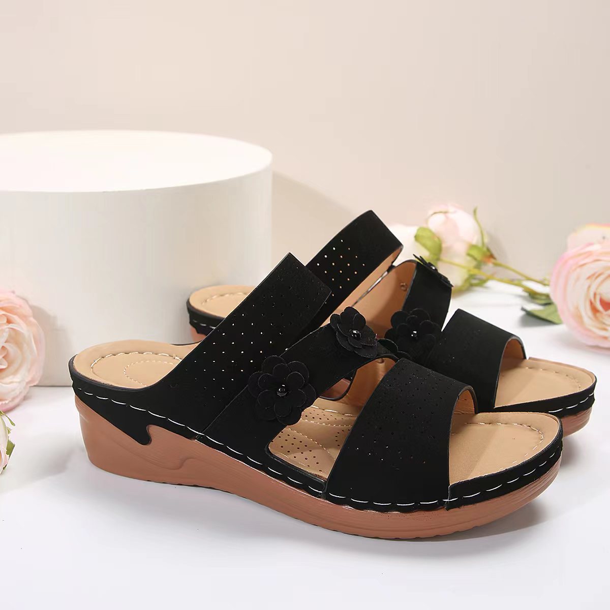 Flower PU Leather Wedge Sandals - Scarlett's Riverside Boutique 