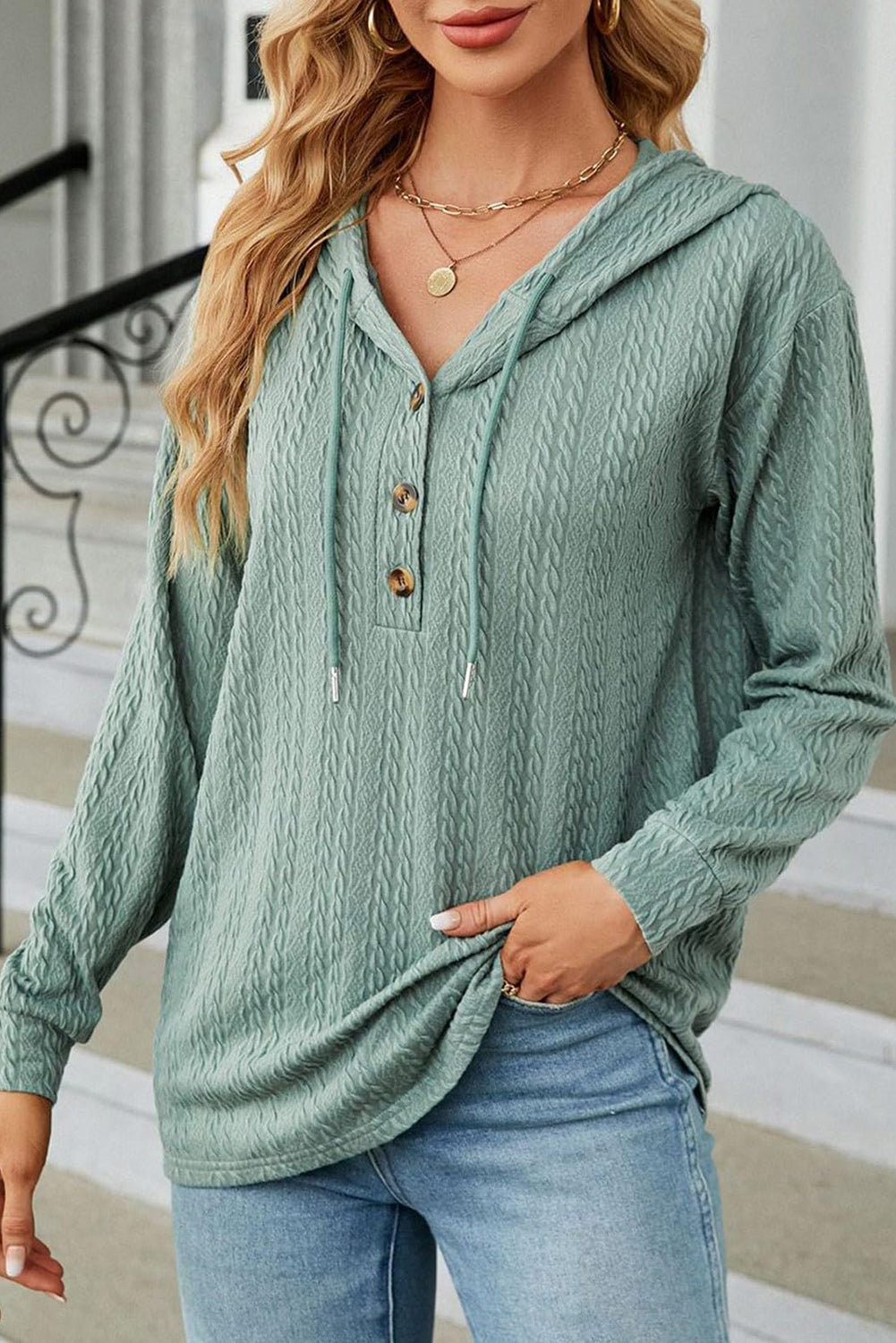 Mint Green Button Front Textured Drawstring Hooded Long Sleeve Top - Scarlett's Riverside Boutique 