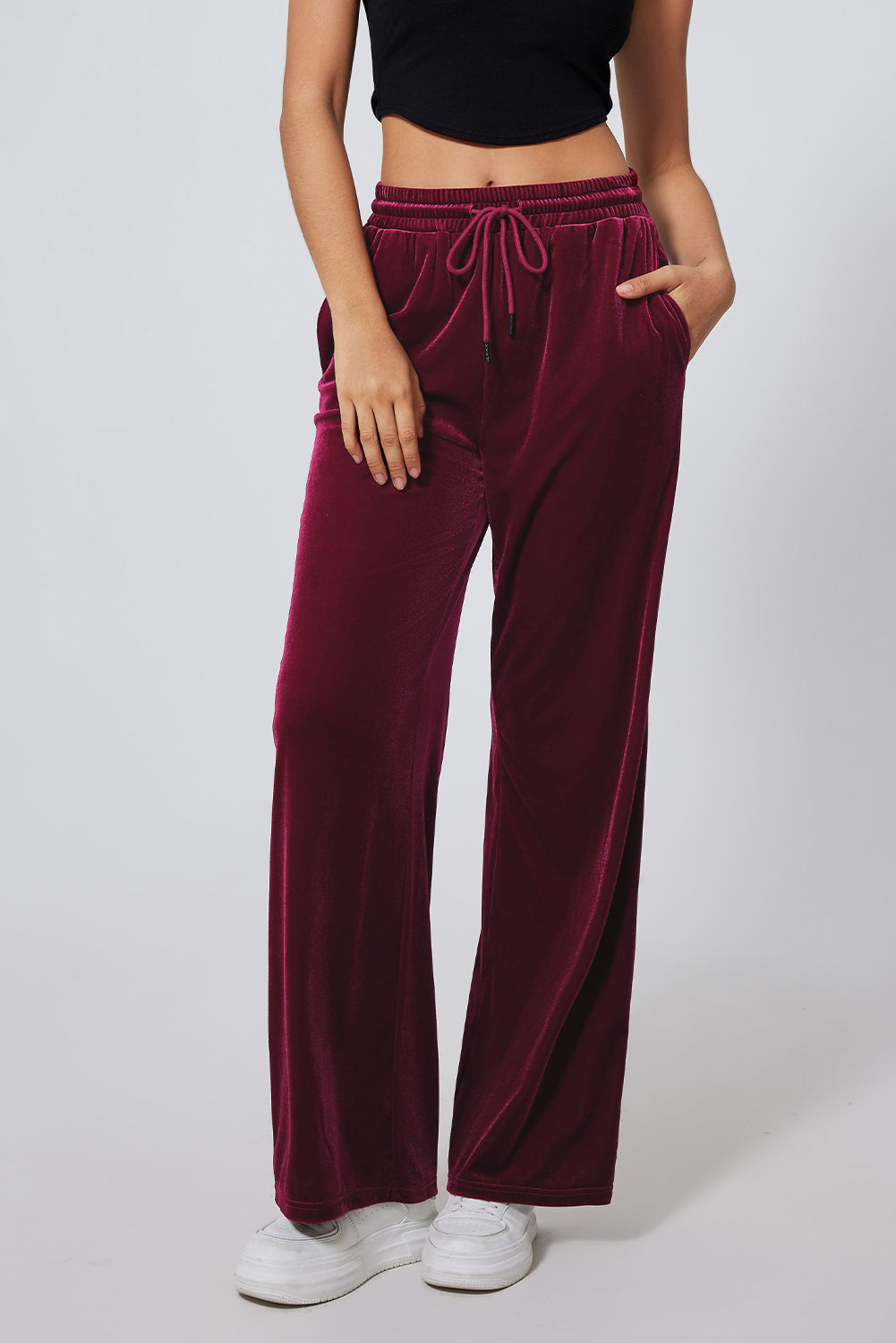 Burgundy Solid Drawstring Waist Wide Leg Pants - Scarlett's Riverside Boutique 