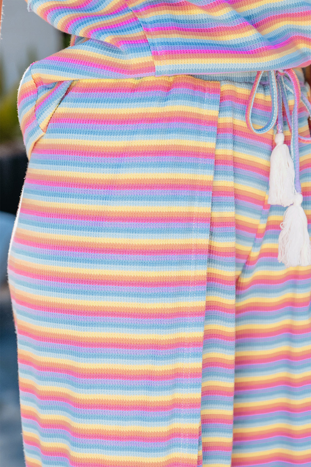 Pink Stripe Rainbow Tee Tasseled String Wide Leg Pants Set - Scarlett's Riverside Boutique 